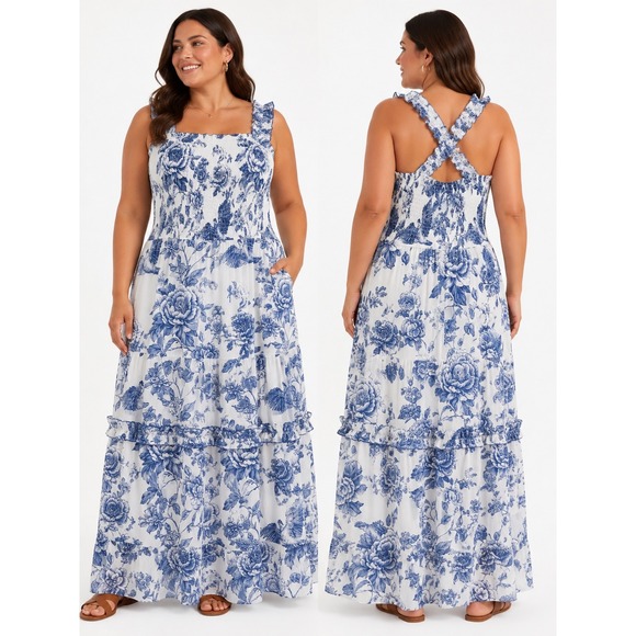 Unbranded Dresses & Skirts - Coastal Floral Maxi Dress Womens XL Blue White Excellent Toile Garden Party